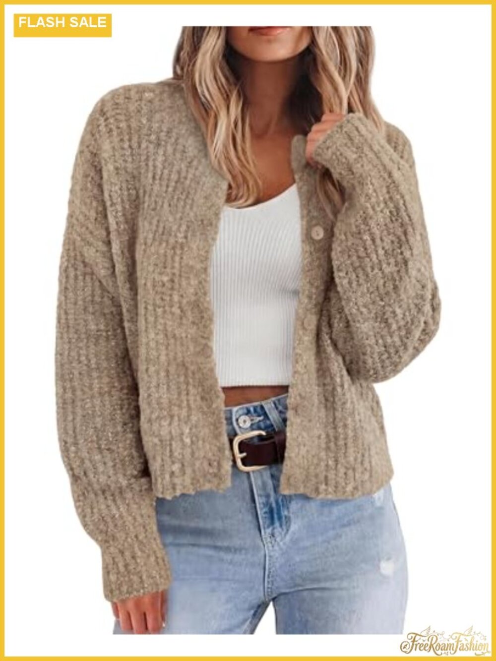 Chunky Knit Cropped Cardigan Sweater Button Down Long Sleeve